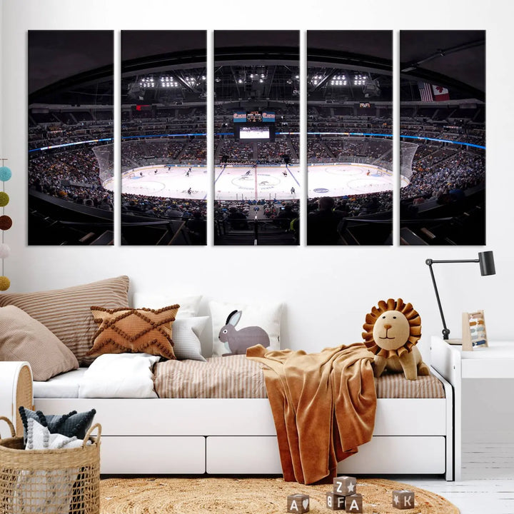 Triple-panel canvas art of Ball Arena, showcasing a night hockey game with the Colorado Avalanche, printed on high-quality, durable canvas.