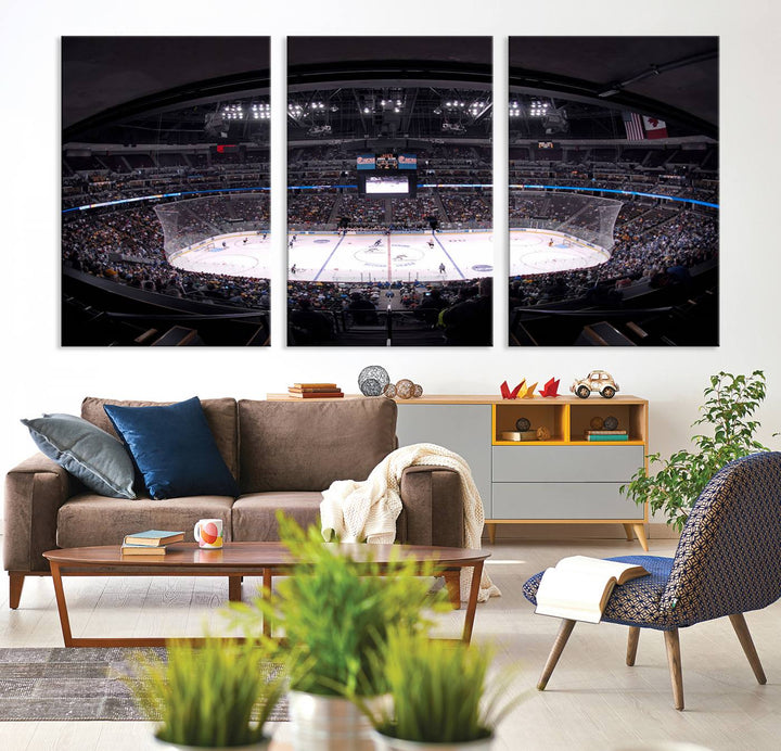 A canvas wall art print depicting an upper view of a Colorado Avalanche game in Ball Arena, Denver.