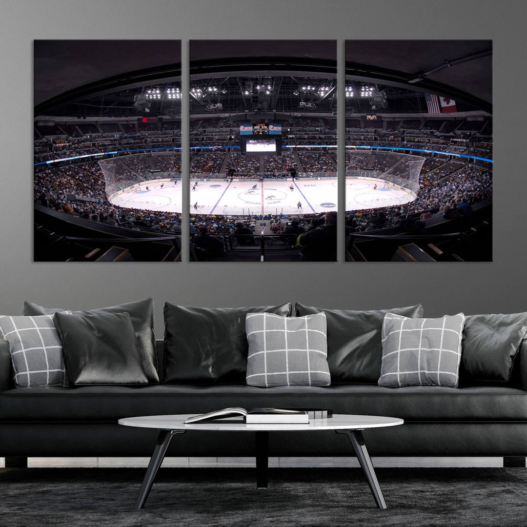 A canvas wall art print depicting an upper view of a Colorado Avalanche game in Ball Arena, Denver.