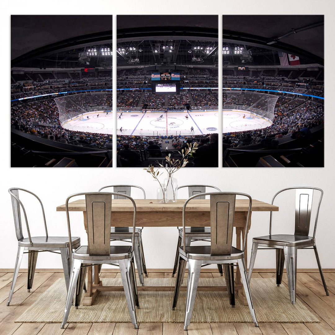 A canvas wall art print depicting an upper view of a Colorado Avalanche game in Ball Arena, Denver.