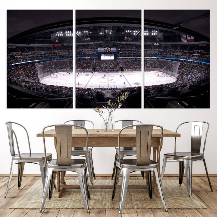A canvas wall art print depicting an upper view of a Colorado Avalanche game in Ball Arena, Denver.