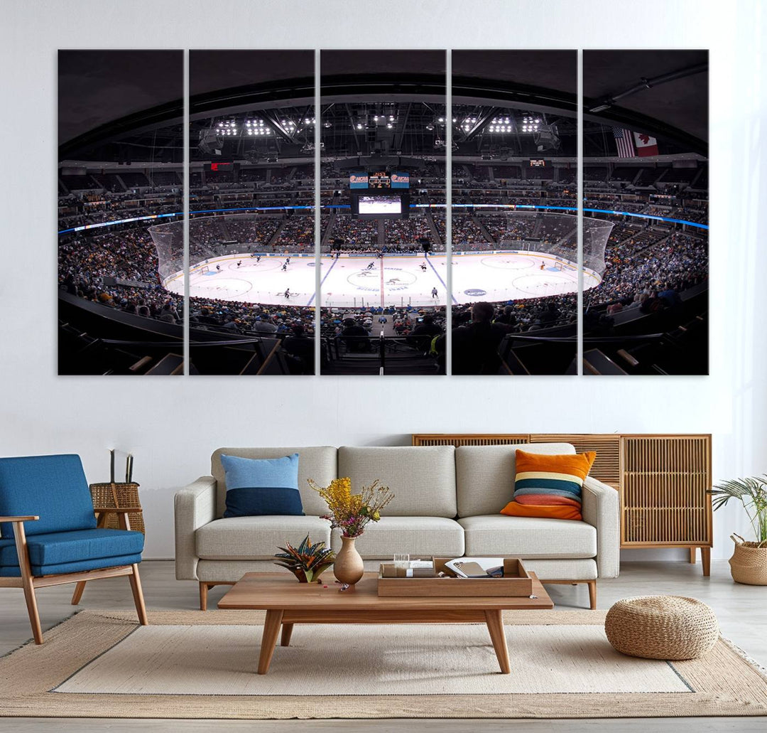 A canvas wall art print depicting an upper view of a Colorado Avalanche game in Ball Arena, Denver.