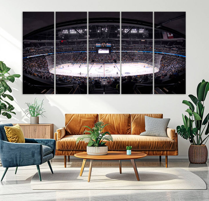A canvas wall art print depicting an upper view of a Colorado Avalanche game in Ball Arena, Denver.