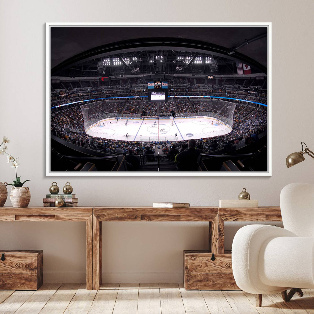 A canvas wall art print depicting an upper view of a Colorado Avalanche game in Ball Arena, Denver.