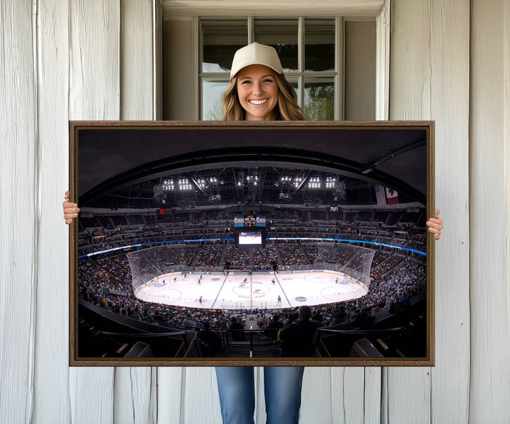 A canvas wall art print depicting an upper view of a Colorado Avalanche game in Ball Arena, Denver.