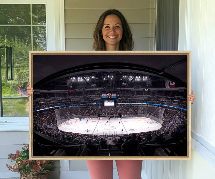 A canvas wall art print depicting an upper view of a Colorado Avalanche game in Ball Arena, Denver.