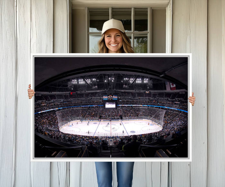 A canvas wall art print depicting an upper view of a Colorado Avalanche game in Ball Arena, Denver.