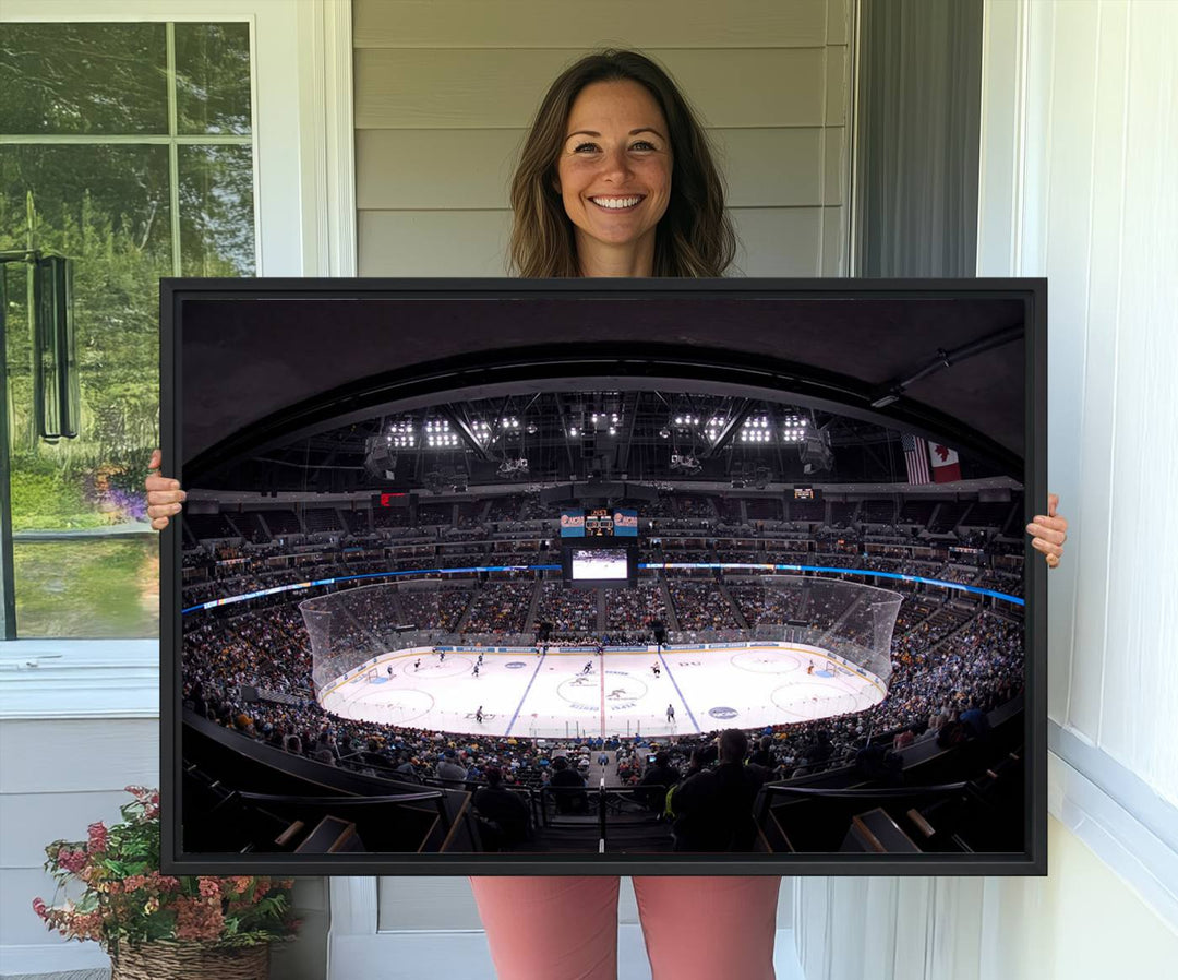 A canvas wall art print depicting an upper view of a Colorado Avalanche game in Ball Arena, Denver.