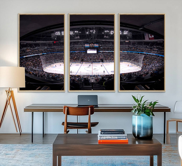 A canvas wall art print depicting an upper view of a Colorado Avalanche game in Ball Arena, Denver.