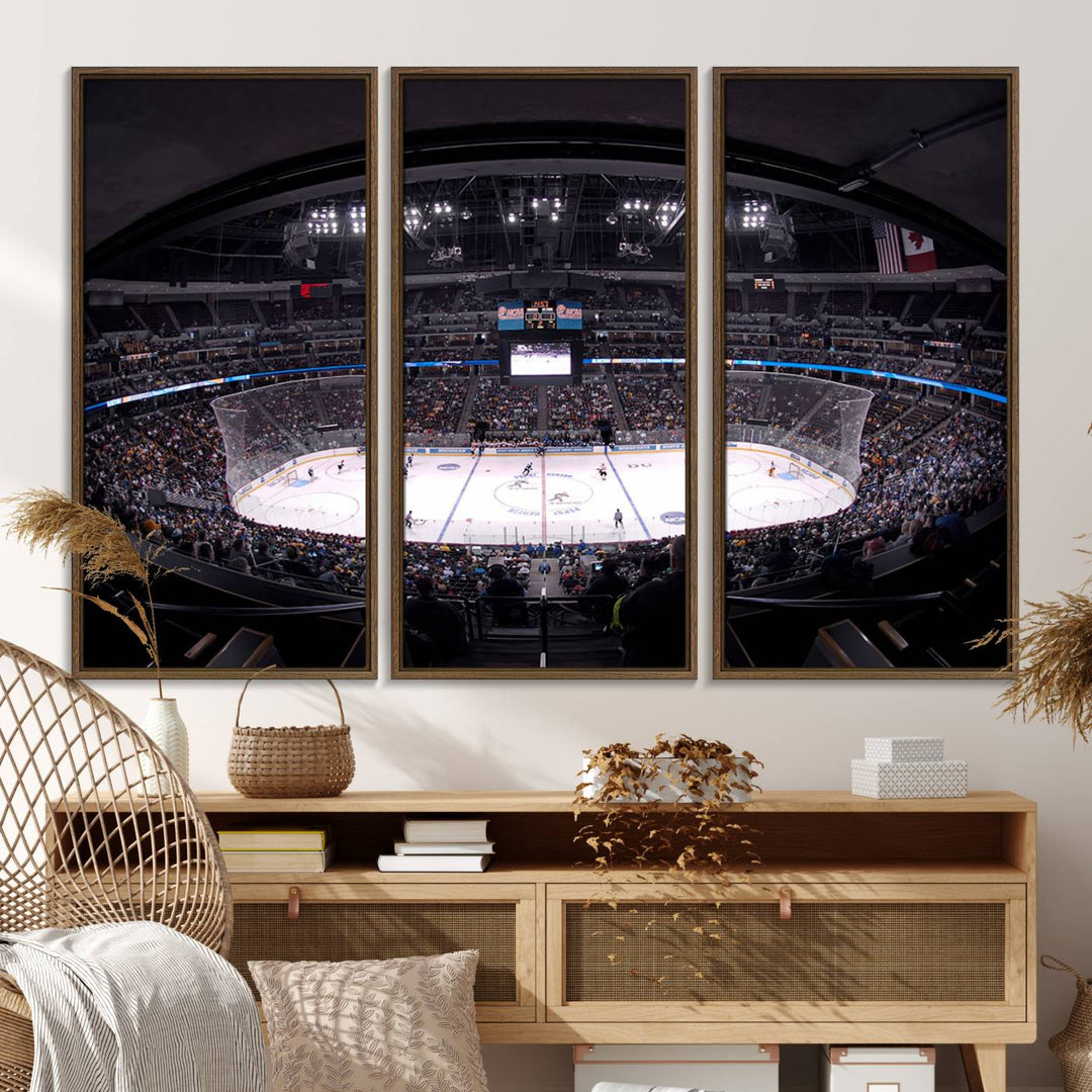 A canvas wall art print depicting an upper view of a Colorado Avalanche game in Ball Arena, Denver.