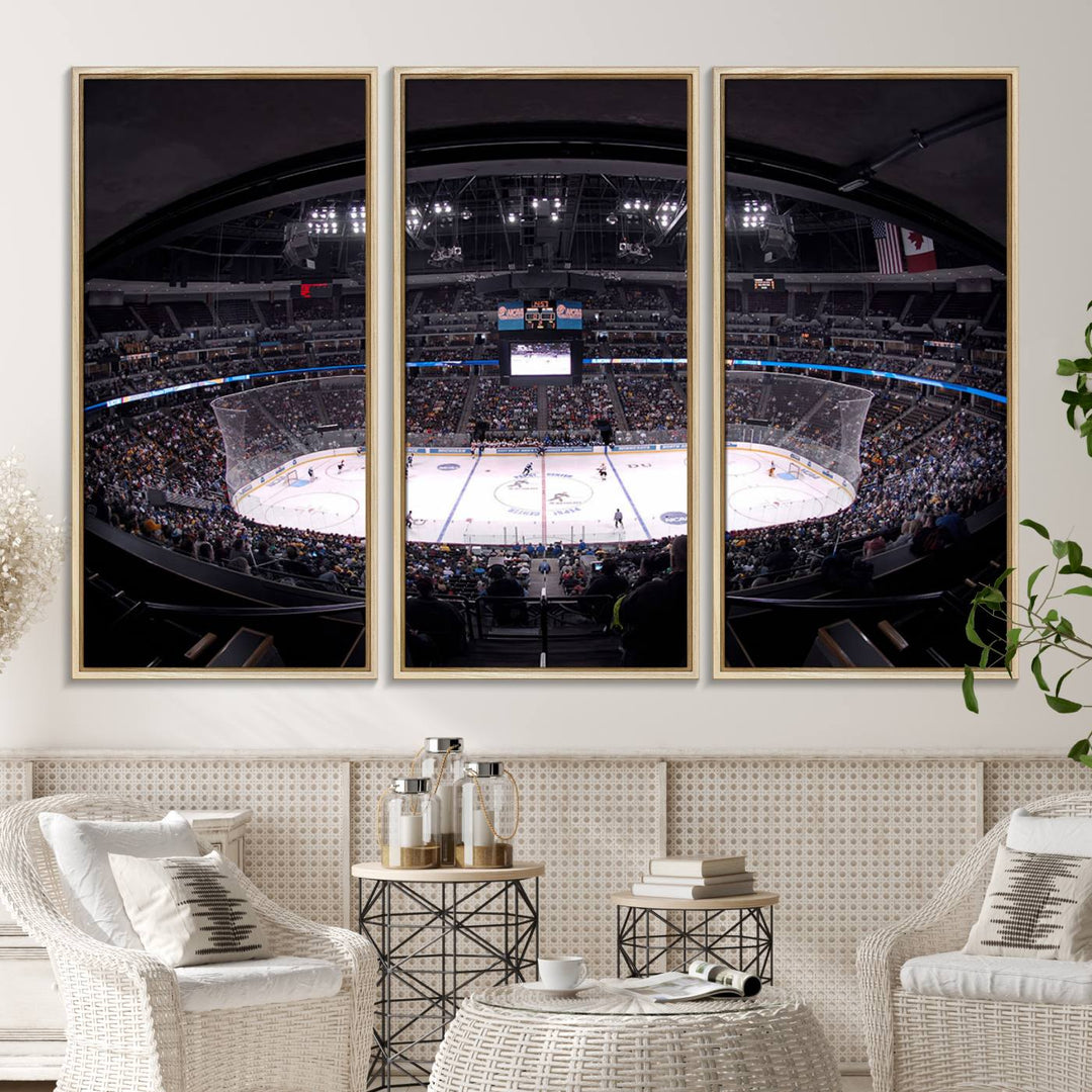 A canvas wall art print depicting an upper view of a Colorado Avalanche game in Ball Arena, Denver.
