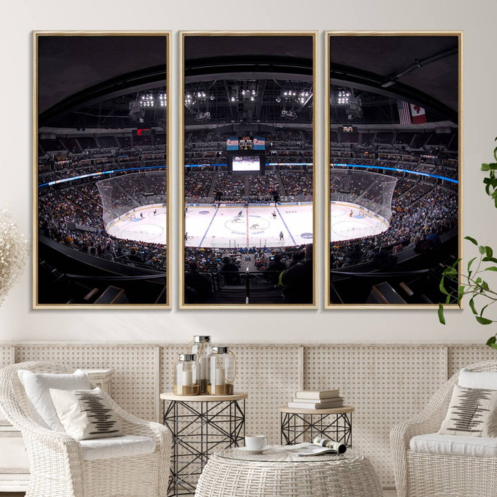 A canvas wall art print depicting an upper view of a Colorado Avalanche game in Ball Arena, Denver.