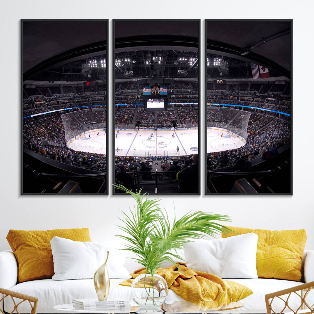 A canvas wall art print depicting an upper view of a Colorado Avalanche game in Ball Arena, Denver.