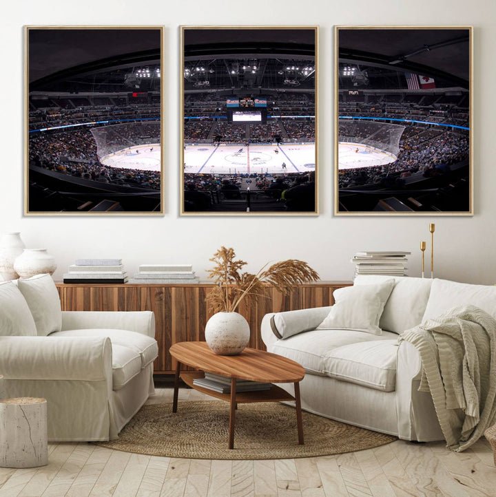 A canvas wall art print depicting an upper view of a Colorado Avalanche game in Ball Arena, Denver.