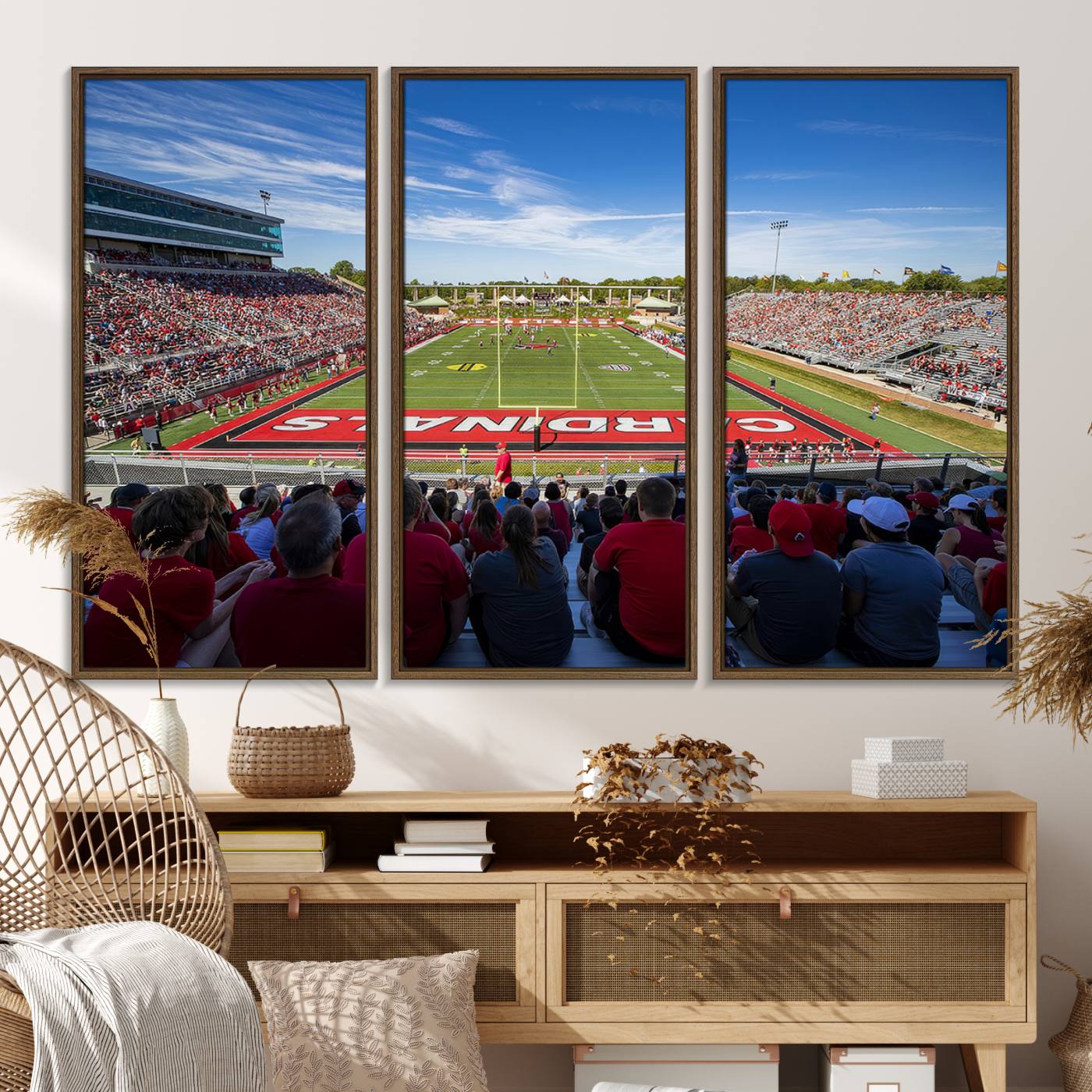 71475-MGV-FC-48X32-3P_Walnut-Ball State Cardinals Football Team Print - Muncie Scheumann Stadium Wall Art Canvas Print
