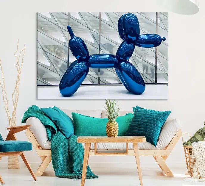 The Balloon Dog Wall Art Canvas Print features a triptych of a shiny blue balloon dog sculpture. This museum-quality artwork showcases gallery-wrapped edges and includes a UV-protective coating to ensure long-lasting brilliance.