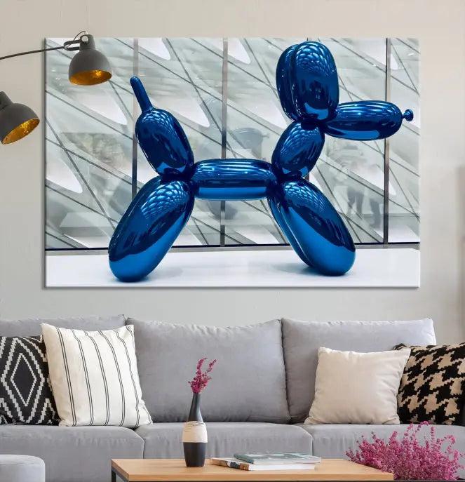 The Balloon Dog Wall Art Canvas Print features a triptych of a shiny blue balloon dog sculpture. This museum-quality artwork showcases gallery-wrapped edges and includes a UV-protective coating to ensure long-lasting brilliance.