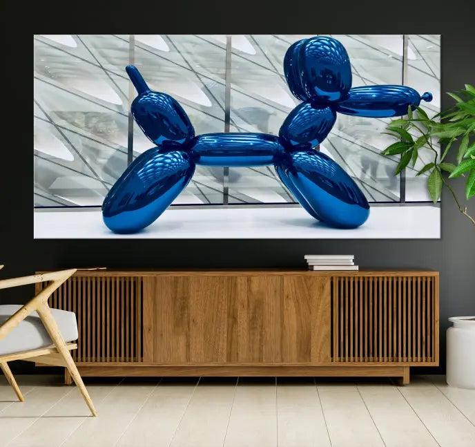 The Balloon Dog Wall Art Canvas Print features a triptych of a shiny blue balloon dog sculpture. This museum-quality artwork showcases gallery-wrapped edges and includes a UV-protective coating to ensure long-lasting brilliance.