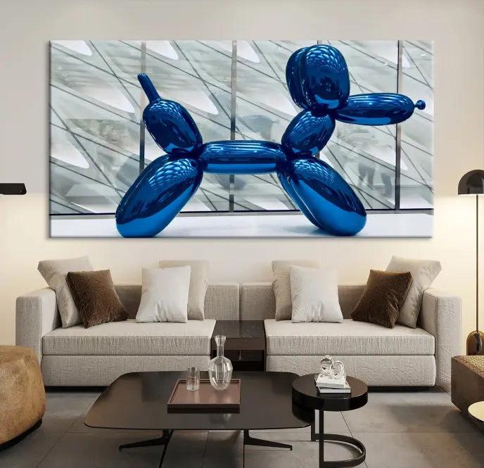 The Balloon Dog Wall Art Canvas Print features a triptych of a shiny blue balloon dog sculpture. This museum-quality artwork showcases gallery-wrapped edges and includes a UV-protective coating to ensure long-lasting brilliance.