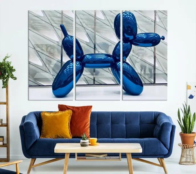 The Balloon Dog Wall Art Canvas Print features a triptych of a shiny blue balloon dog sculpture. This museum-quality artwork showcases gallery-wrapped edges and includes a UV-protective coating to ensure long-lasting brilliance.