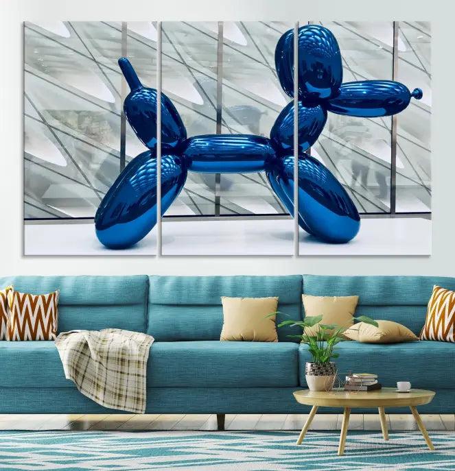 The Balloon Dog Wall Art Canvas Print features a triptych of a shiny blue balloon dog sculpture. This museum-quality artwork showcases gallery-wrapped edges and includes a UV-protective coating to ensure long-lasting brilliance.