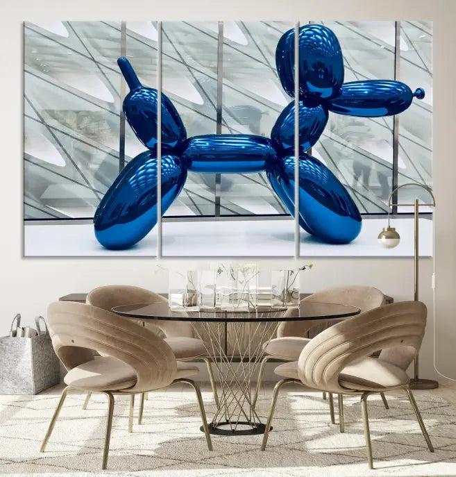 The Balloon Dog Wall Art Canvas Print features a triptych of a shiny blue balloon dog sculpture. This museum-quality artwork showcases gallery-wrapped edges and includes a UV-protective coating to ensure long-lasting brilliance.