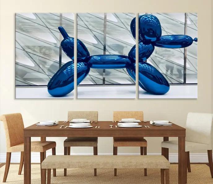 The Balloon Dog Wall Art Canvas Print features a triptych of a shiny blue balloon dog sculpture. This museum-quality artwork showcases gallery-wrapped edges and includes a UV-protective coating to ensure long-lasting brilliance.