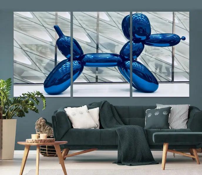 The Balloon Dog Wall Art Canvas Print features a triptych of a shiny blue balloon dog sculpture. This museum-quality artwork showcases gallery-wrapped edges and includes a UV-protective coating to ensure long-lasting brilliance.