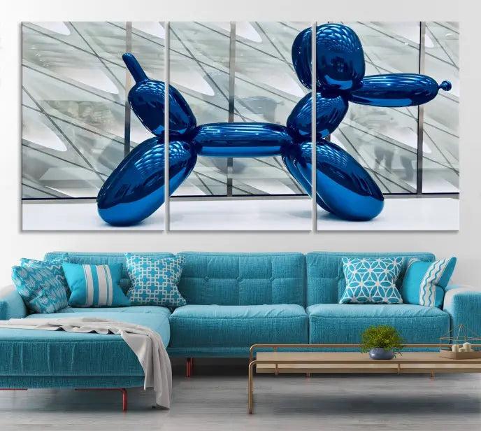 The Balloon Dog Wall Art Canvas Print features a triptych of a shiny blue balloon dog sculpture. This museum-quality artwork showcases gallery-wrapped edges and includes a UV-protective coating to ensure long-lasting brilliance.