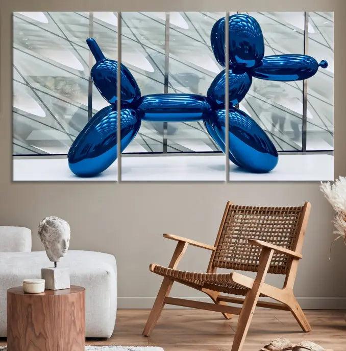 The Balloon Dog Wall Art Canvas Print features a triptych of a shiny blue balloon dog sculpture. This museum-quality artwork showcases gallery-wrapped edges and includes a UV-protective coating to ensure long-lasting brilliance.