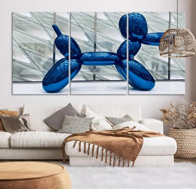 The Balloon Dog Wall Art Canvas Print features a triptych of a shiny blue balloon dog sculpture. This museum-quality artwork showcases gallery-wrapped edges and includes a UV-protective coating to ensure long-lasting brilliance.