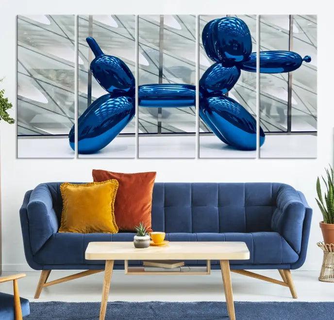 The Balloon Dog Wall Art Canvas Print features a triptych of a shiny blue balloon dog sculpture. This museum-quality artwork showcases gallery-wrapped edges and includes a UV-protective coating to ensure long-lasting brilliance.