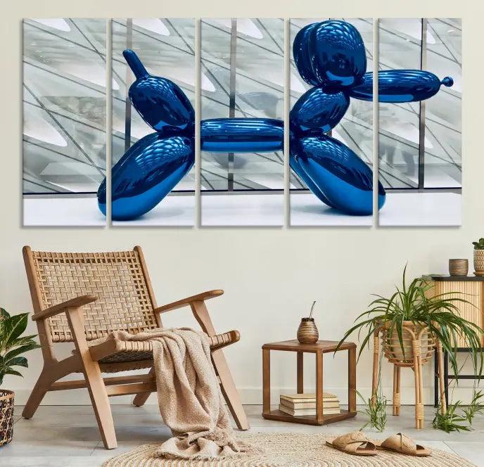 The Balloon Dog Wall Art Canvas Print features a triptych of a shiny blue balloon dog sculpture. This museum-quality artwork showcases gallery-wrapped edges and includes a UV-protective coating to ensure long-lasting brilliance.