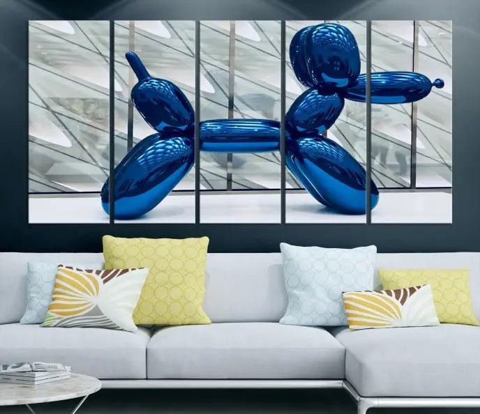 The Balloon Dog Wall Art Canvas Print features a triptych of a shiny blue balloon dog sculpture. This museum-quality artwork showcases gallery-wrapped edges and includes a UV-protective coating to ensure long-lasting brilliance.