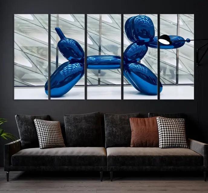 The Balloon Dog Wall Art Canvas Print features a triptych of a shiny blue balloon dog sculpture. This museum-quality artwork showcases gallery-wrapped edges and includes a UV-protective coating to ensure long-lasting brilliance.