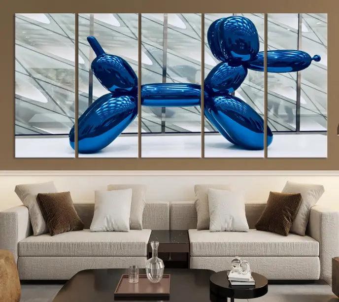 The Balloon Dog Wall Art Canvas Print features a triptych of a shiny blue balloon dog sculpture. This museum-quality artwork showcases gallery-wrapped edges and includes a UV-protective coating to ensure long-lasting brilliance.