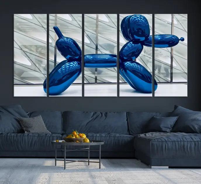 The Balloon Dog Wall Art Canvas Print features a triptych of a shiny blue balloon dog sculpture. This museum-quality artwork showcases gallery-wrapped edges and includes a UV-protective coating to ensure long-lasting brilliance.