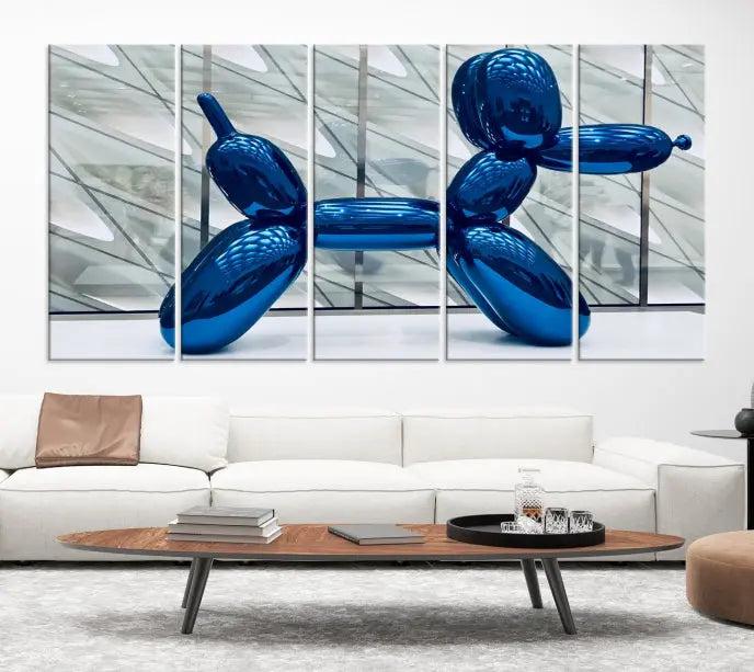 The Balloon Dog Wall Art Canvas Print features a triptych of a shiny blue balloon dog sculpture. This museum-quality artwork showcases gallery-wrapped edges and includes a UV-protective coating to ensure long-lasting brilliance.