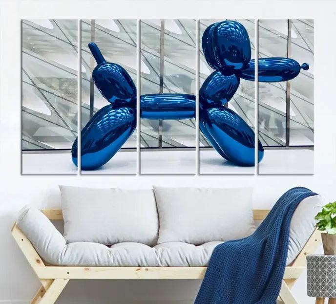 The Balloon Dog Wall Art Canvas Print features a triptych of a shiny blue balloon dog sculpture. This museum-quality artwork showcases gallery-wrapped edges and includes a UV-protective coating to ensure long-lasting brilliance.