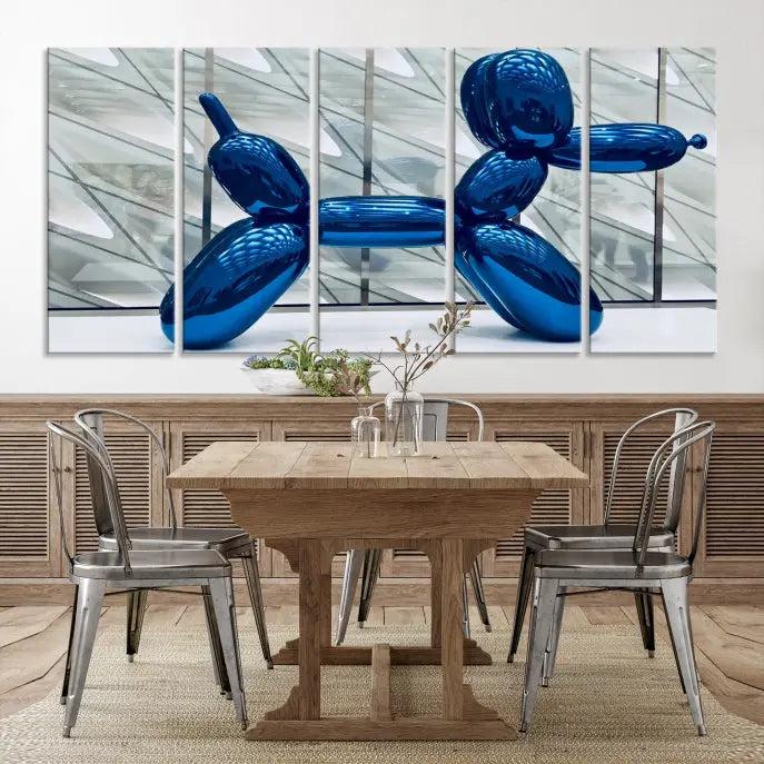 The Balloon Dog Wall Art Canvas Print features a triptych of a shiny blue balloon dog sculpture. This museum-quality artwork showcases gallery-wrapped edges and includes a UV-protective coating to ensure long-lasting brilliance.