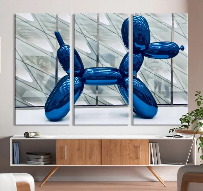 The modern living room features the "Balloon Dogs Painting Wall Art Canvas Print," showcasing a large artwork of a blue balloon dog on museum-quality canvas with UV-protective coating.