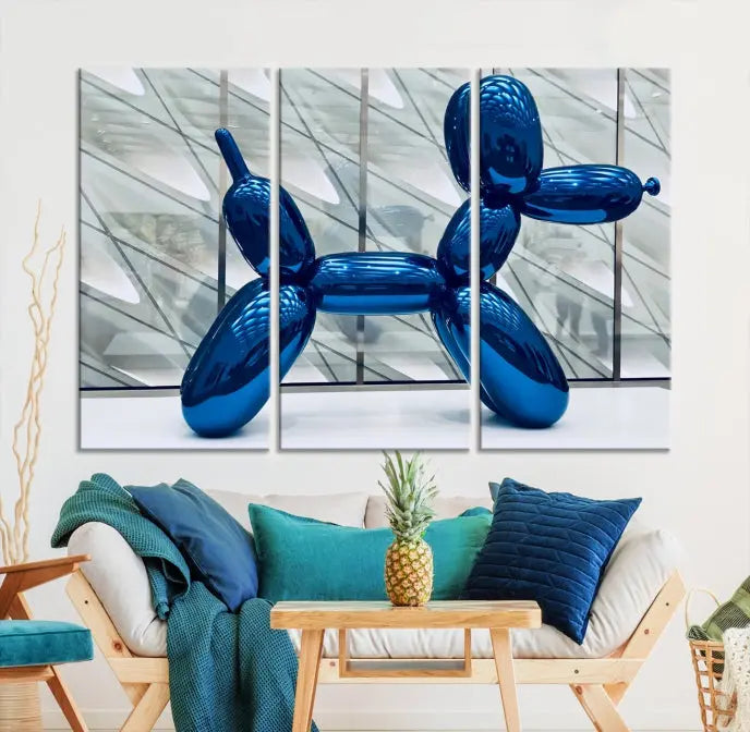 The modern living room features the "Balloon Dogs Painting Wall Art Canvas Print," showcasing a large artwork of a blue balloon dog on museum-quality canvas with UV-protective coating.