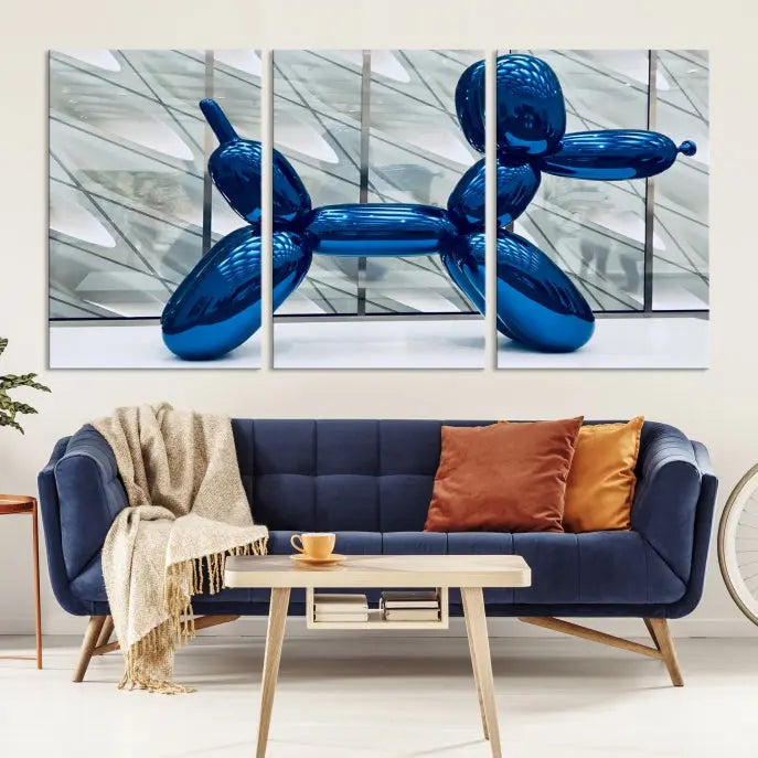 The modern living room features the "Balloon Dogs Painting Wall Art Canvas Print," showcasing a large artwork of a blue balloon dog on museum-quality canvas with UV-protective coating.