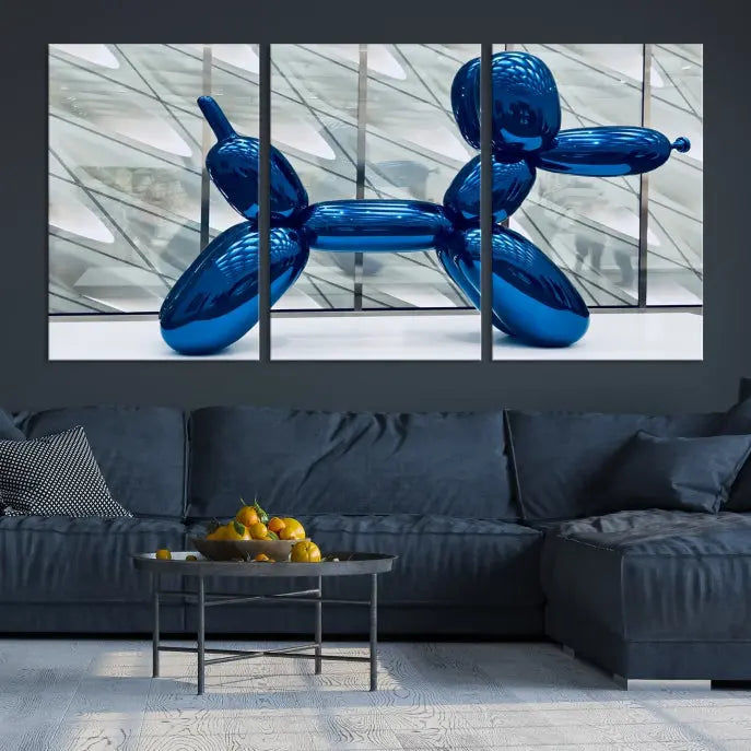 The modern living room features the "Balloon Dogs Painting Wall Art Canvas Print," showcasing a large artwork of a blue balloon dog on museum-quality canvas with UV-protective coating.