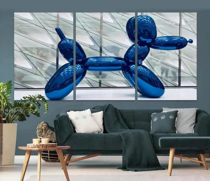 The modern living room features the "Balloon Dogs Painting Wall Art Canvas Print," showcasing a large artwork of a blue balloon dog on museum-quality canvas with UV-protective coating.