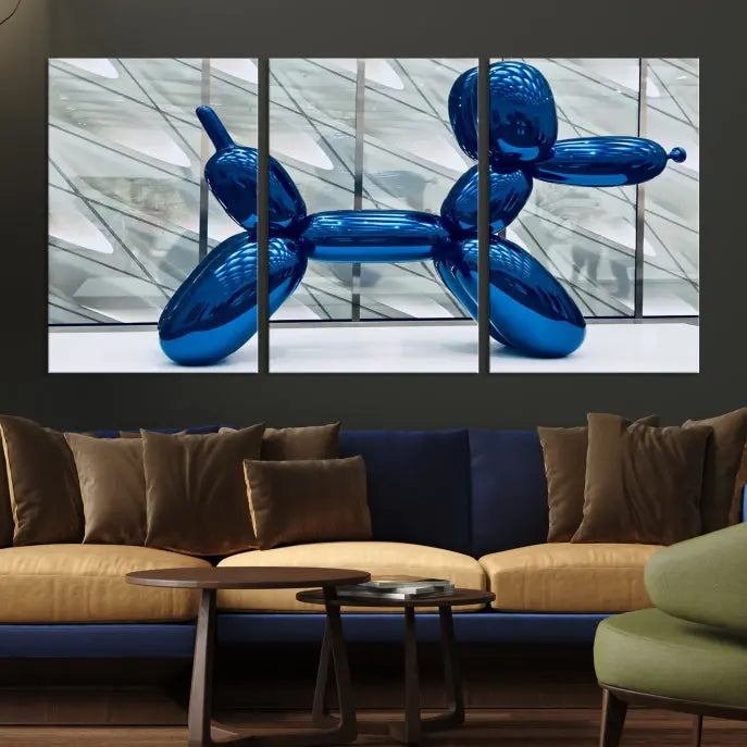 The modern living room features the "Balloon Dogs Painting Wall Art Canvas Print," showcasing a large artwork of a blue balloon dog on museum-quality canvas with UV-protective coating.