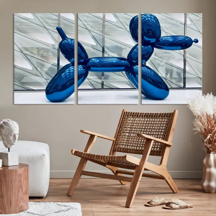 The modern living room features the "Balloon Dogs Painting Wall Art Canvas Print," showcasing a large artwork of a blue balloon dog on museum-quality canvas with UV-protective coating.