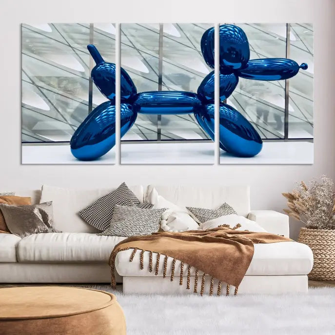 The modern living room features the "Balloon Dogs Painting Wall Art Canvas Print," showcasing a large artwork of a blue balloon dog on museum-quality canvas with UV-protective coating.