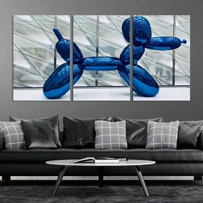 The modern living room features the "Balloon Dogs Painting Wall Art Canvas Print," showcasing a large artwork of a blue balloon dog on museum-quality canvas with UV-protective coating.