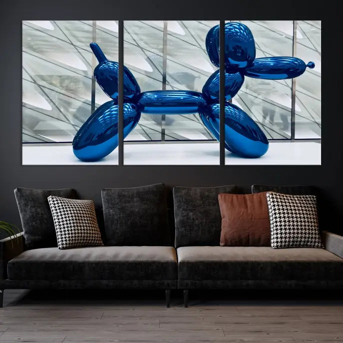 The modern living room features the "Balloon Dogs Painting Wall Art Canvas Print," showcasing a large artwork of a blue balloon dog on museum-quality canvas with UV-protective coating.